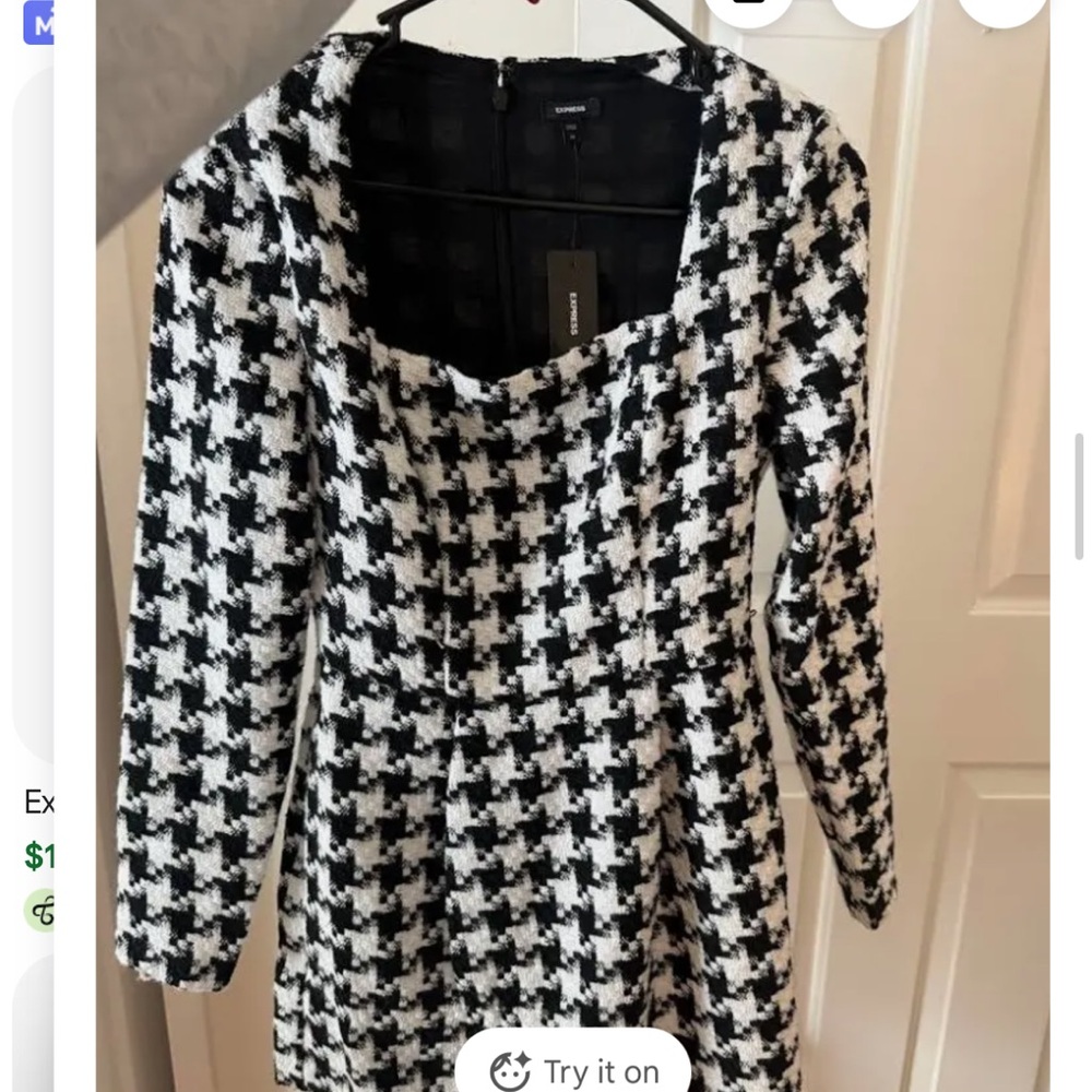 Express Houndstooth Long Sleeve Mini Dress - Black & White - Picture 2 of 8